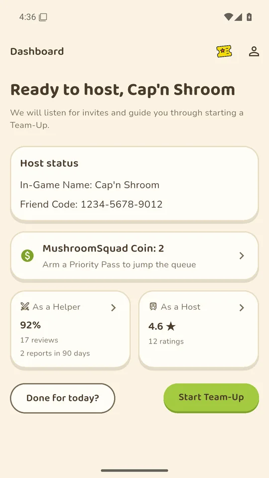 MushroomSquad home screen: player profile, reputation, and the start-team-up button