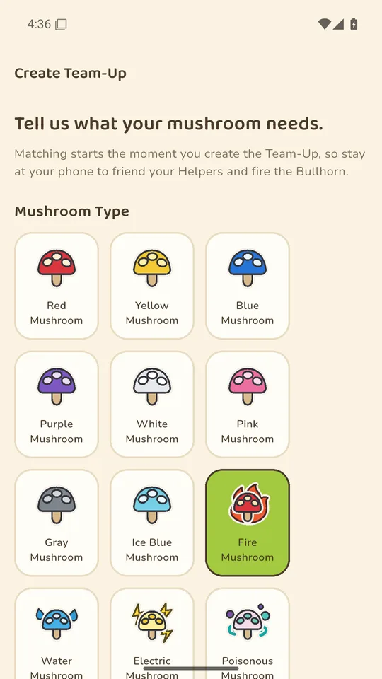Create screen: choosing mushroom type, size, and helper count