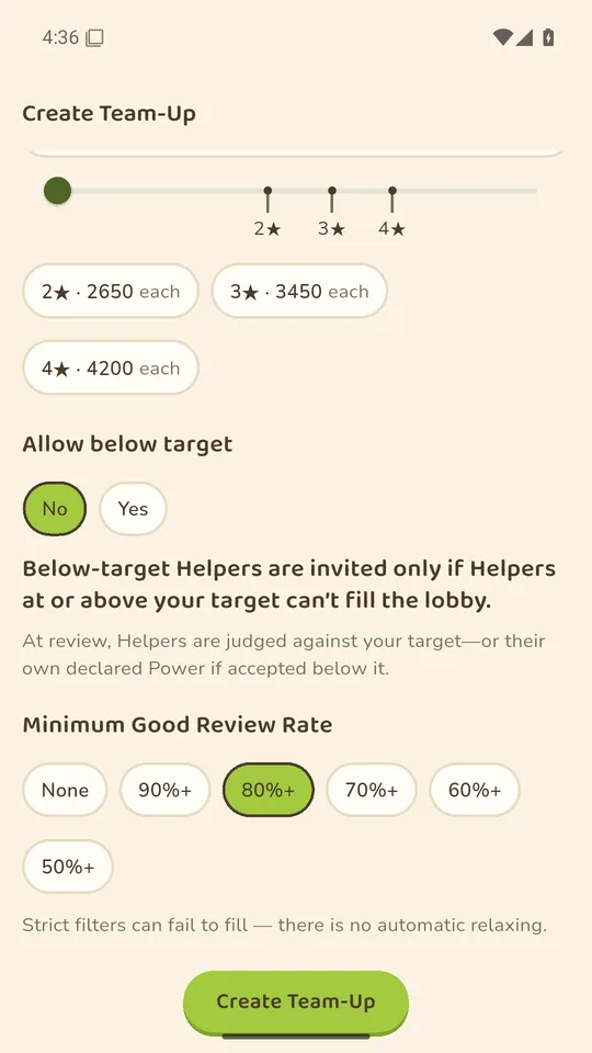 Create screen options: power target and minimum review-rate filter