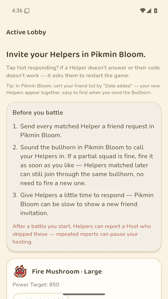 Active lobby: matched helpers with one-tap friend invites