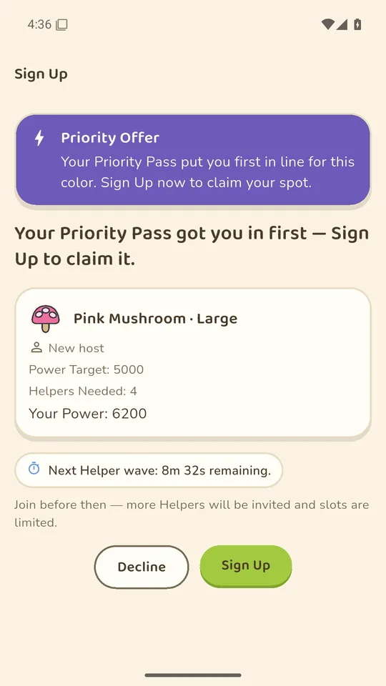 Helper's invitation screen: power target and sign-up deadline