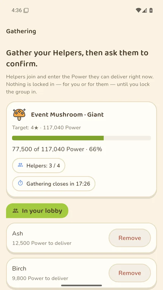 Star Hunter gathering lobby, host view: power progress bar toward the 4-star threshold and joined members
