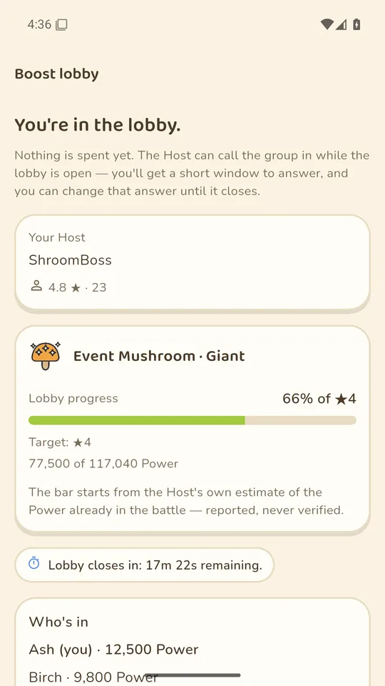 Star Hunter gathering lobby, helper view: joining is free, with no commitment until the Host locks the roster