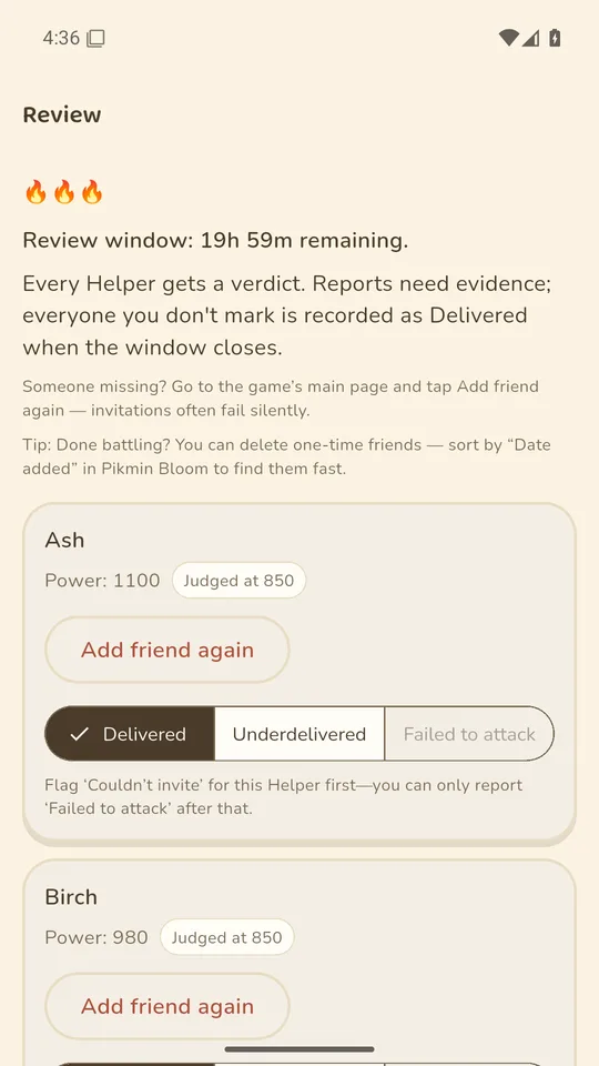 Host review screen: a verdict for every helper after the battle